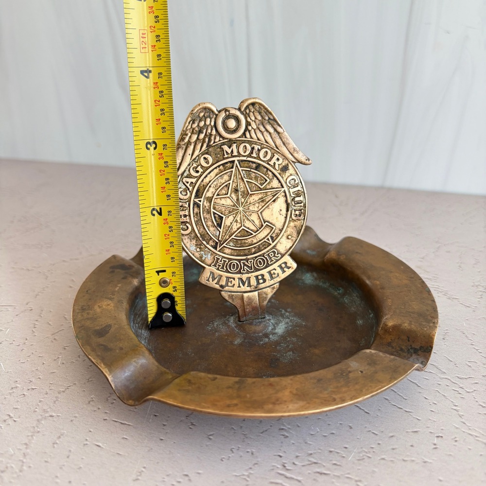 Vintage Brass Chicago Motor Club Honor Member Winged Badge Ashtray Automobilia - Picture 10 of 10